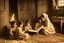 Placeholder: A close-up scene of an Arab mother reading the story from a book with her children around her in the room of the old wooden house near the fireplace 100 years ago.