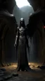 Placeholder: A tall and very skinny hooded Angel with wings , thick layer of dark brown corrosion , standing in front of a dark cave entrance , , Bosch painting style , of a nightmare , hyper photorealistic, hyper detailed dark , high resolution, fog, octane render, tilt shift, 8k ,