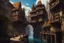 Placeholder: medieval buildings with balconies overhanging lake edge with blue sky and people, photorealism detailed matte painting, deep colour, fantastical, intricate detail, splash screen, concept art