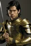 Placeholder: A handsome 30 year old man, black hair, male bob haircut, in black-and-gold plate armor, golden katana in both hands, no beard