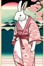 Placeholder: ukiyo-e style print of a white rabbit with a human body wearing a soft pink yukata and walking by the sea