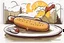 Placeholder: corndog, with a bite taken out, clean vector style, bold outline