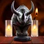 Placeholder: bust of rhino, ancient, magic,on dark wooden table with drinking glass,compass,brilliance, candle, mead horn