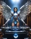 Placeholder: wide shot image facing front photography realistic full body mechanical metalic chrome bright shine Beautiful Futuristic Cyborg Angel Woman as DJ player,playing turntable DJ player,big sound system and laser spot light background