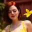 Placeholder: Emma Stone red underwear with yellow flowers for hair, closed eyes, rtx, reflection, 8k, glow, winning photography, caustics