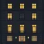 Placeholder: Animated representation of the mysterious facade of a European building. The scene begins before dawn with minimal lighting. The view is flat and frontal. Only 5 windows are illuminated. mysterious atmosphere, dark and muted colors. In the style of the Wes Anderson film The Grand Hotel in Budapest. Wes Anderson illustration style and colors poster