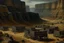 Placeholder: A dark grayish brown underground mine with minecarts designed in Navajo baskets painted by George Inness