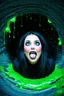 Placeholder: Closeup huge Girl goth with big eyes, fullbody, ragged clothes, slime rain, the perspective looking up from the bottom of an empty well, rolling eyes, tongue out, saliva drip, open mouth,