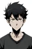 Placeholder: dark skin anime male, teenager, black eyes, short black hair, nervous face, black shirt