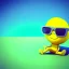 Placeholder: 3d render, Chibi Lemon character with an accomplished look on his face, he is wearing green sunglasses relaxing on the beach at sunset