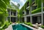 Placeholder: habitación con dos camas de un hotel minimalista con alberca y mucha vegetación