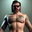 Placeholder: A shirtless muscular man with tattoos all over him and lots of chest hair. He has sunglasses, a towel draped on his shoulders, and a blonde moustache