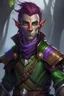 Placeholder: male wood elf, rogue, copper skin, bright green eyes, purple hair, leather armor