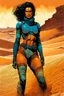 Placeholder: create a fine art print full body illustration of a rugged gritty, roughly textured Fremen female warrior with highly detailed feminine facial features, amidst the swirling desert sands of Arrakis, in the comic book art style of Bill Sienkiewicz, and Jean Giraud Moebius, finely textured, drawn, colored, and inked,