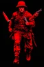 Placeholder: poster of a soldier running towards viewer, a knife i one hand, and a gun(barrel pointing at viewer) in the other. retro poster monochrome