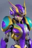 Placeholder: One Genderless Cyborg made of metal, has a human like face with a really long violet ponytail, the armor is similar to Omega from Megaman. The color palatte of the armour is deep purple and yellow. They have clear visor, and have Turquoise colured eyes.