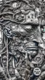 Placeholder: Bosch style painting , A balled face in details . The texture of the face is a collage of many 3D clock gears and screws covering the whole face and the eyes are covered by caves figures
