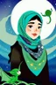 Placeholder: Muslim girl wearing a scarf with a dragon. trees . A sky colored with stars and planets. . And mosques.