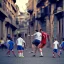 Placeholder: Lionel Messi playing soccer with kids in the back streets of Buenos Aires