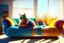 Placeholder: Giant knitted lifelike colorful cat sitting on a sofa in a modern room in sunshine