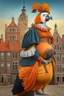 Placeholder: Pregnant Half parrot half human in a old 1700s orange Dutch uniform in front of a Dutch city