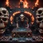 Placeholder: DJ of the damnded, insanely detailed DJ booth in hell, MID set, speakers and equipment made of bone, anatomically correct, add more skulls in th audience, photorealism, vray, 8k 3d