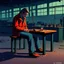 Placeholder: an very sad transparent drinking glas man with legs and shoes, working clothes, in a factory, nobody cares about the empty glas, that is why he is so sad :( , he had worked 30 years in the factory and never had a salary increase, tears in his eyes, simon stålenhag cartoon style