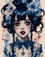 Placeholder: Poster in two gradually, a one side malevolent goth vampire girl face and other side the Singer Melanie Martinez face, full body, painting by Yoji Shinkawa, darkblue and sepia tones, wears a smart shirt which is embroidered with bluered flowers and ornaments, has dark eyes and horns,