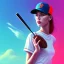 Placeholder: a girl wearing a baseball cap holding a small boombox in her hand, full shot. paint splashes, outrun, vaporware, shaded flat illustration, digital art, trending on artstation, highly detailed, fine detail, intricate