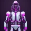 Placeholder: cute man, handsome man in futuristic suits, black and white highlight hair color, pink and purple background, pink lighting, deep purple backlighting, gun, smoke, robot suits