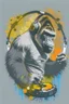 Placeholder: action shot of a Gorilla with headphone mixing music with Dj controller , DMT art,, tshirt vector, enclosed in a circle, sunshine, contour, white background