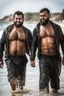 Placeholder: half figure shot photography of two strong muscular chubby hairy burly 32 years old ugly arab fishermen, short beard, shaved hair, shirtless, manly chest, swimwear, emotive eyes, walking on the beach in the sun, side light, sweat and wet, ground view angle