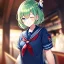 Placeholder: Clear focus, High resolution, short light green hair, blue eyes, wearing a sailor uniform, red tie, wearing a sailor skirt, eyes closed, smiling, 1girl, spiky hair, not alot of hair on the side of her head