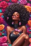 Placeholder: A sassy pop punk futurism art cartoon of a black female lounging lazily on her side, surrounded by colorful roses flower petals. Looking up coyly, she grins widely, showing teeth. Highly detailed black afro , regal expression.