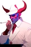 Placeholder: An old male red tiefling wearing a white and blue police comisioner outfit smoking a cig.