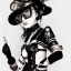 Placeholder: japanese illustrator, spanish, pencil sketch of a cute girl, beautiful, steampunk syle, black and white. Helmet with tubes, square glasses and wires on the legs.