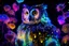Placeholder: flowergarden, bodyscape double exposure owl portrait of a colorful intricated flowergarden, forest and colorful stars of sparks on the front of an insanely beautiful fluffy owl body with colorful fur of fluorescent light emitting fiber optics, standing in a dark place, playing with the fur, fluorescent pigment body painting style by John Poppleton and Bob Ross, diffused lighting, double exposure, blend, illusion, octane render, digital painting, extremely detailed, Award winning photography, 8k,