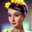 Placeholder: Audrey Hepburn has glow effect. She has beautiful eyes, Her hair flies in the air. with yellow flowers for hair, closed eyes, rtx, reflection, 8k, glow, winning photography, caustics