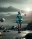 Placeholder: Ultra Realistic retro sci-fi 1960 scene, waist up view portrait, blonde woman, sweet young Marilyn Monroe face, perfect iris, tight latex coat, alien planet background, tight style, steel sphere dron levitating, fog, rain, soft color, highly detailed, unreal engine 5, ray tracing, RTX, lumen lighting, ultra detail, volumetric lighting, 3d, finely drawn, high definition, high resolution.