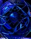 Placeholder: AN OBLIQUE DISTORTED view of CLOSE UP view of a cobalt blue crystal SPHERE WITH FACETS of different angle facets WITH DIFFERENT COLORS over a shining metal mesh, inside a gigantic spider web, againste a black backgound in almost total darkness