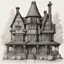 Placeholder: A detailed ink illustration of a front elevation of a fantasy house, with a tall chimney, rooms and floors added to the sides and roofs.