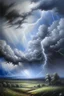Placeholder: Oil painting, storm clouds from which drops are dripping, clouds pierced by lightning, lightning strikes a rod and clouds are playing