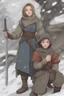 Placeholder: DnD style, two medieval peasant kids playing in the snow male and female, age 14 and 15, happy and playful, he has a short sword.