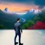 Placeholder: A man with his hands in his pocket is walking and it is raining. The beautiful view of the mountain is visible in the distance and the city is in front of the man, colorful, beautiful, high detail, high quality.