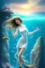 Placeholder: long hair fish lady with white top set on the rock in the ocean