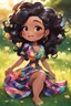 Placeholder: An abstract art image of a chibi black cartoon of a curvaceous woman with flowing black hair twisted up, wearing a colorful maxi dress. She sits relaxed on the grass facing the warm sunlight, which illuminates her face as she looks to the side with a small smile, accentuating her prominent makeup and brown eyes.