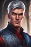 Placeholder: {{Man}}, Male, Olive Skin Tone, Short Hair, Silver Hair, Adult, Alan Ritchson/Jack Reacher, {{Blue Eyes}}, Black/red Medieval Attire, Digital Art, Graphic Novel Style