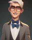 Placeholder: tall young man witbh square glasses, blonde hair and grey eyes. He wears blue shirt, dark tails, bow tie and chimney pot hat. He is laughing