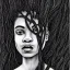 Placeholder: Paper. Pencil sketch art .the face of A young black woman. A wood nymph emerging from the forest. Her hair looks like vines. Dreadlocs. Her skin is the colour of dark soil. Her skin looks like tree bark. Her clothing is made of vines, grass and leaves.