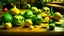 Placeholder: Surreal scene where a collection of green and yellow apples, some cut in half, some transformed into faces and others into amphibians, placed on a table, Nearby, a lemon and a lime add a touch of color to the scene and are also metamorphose